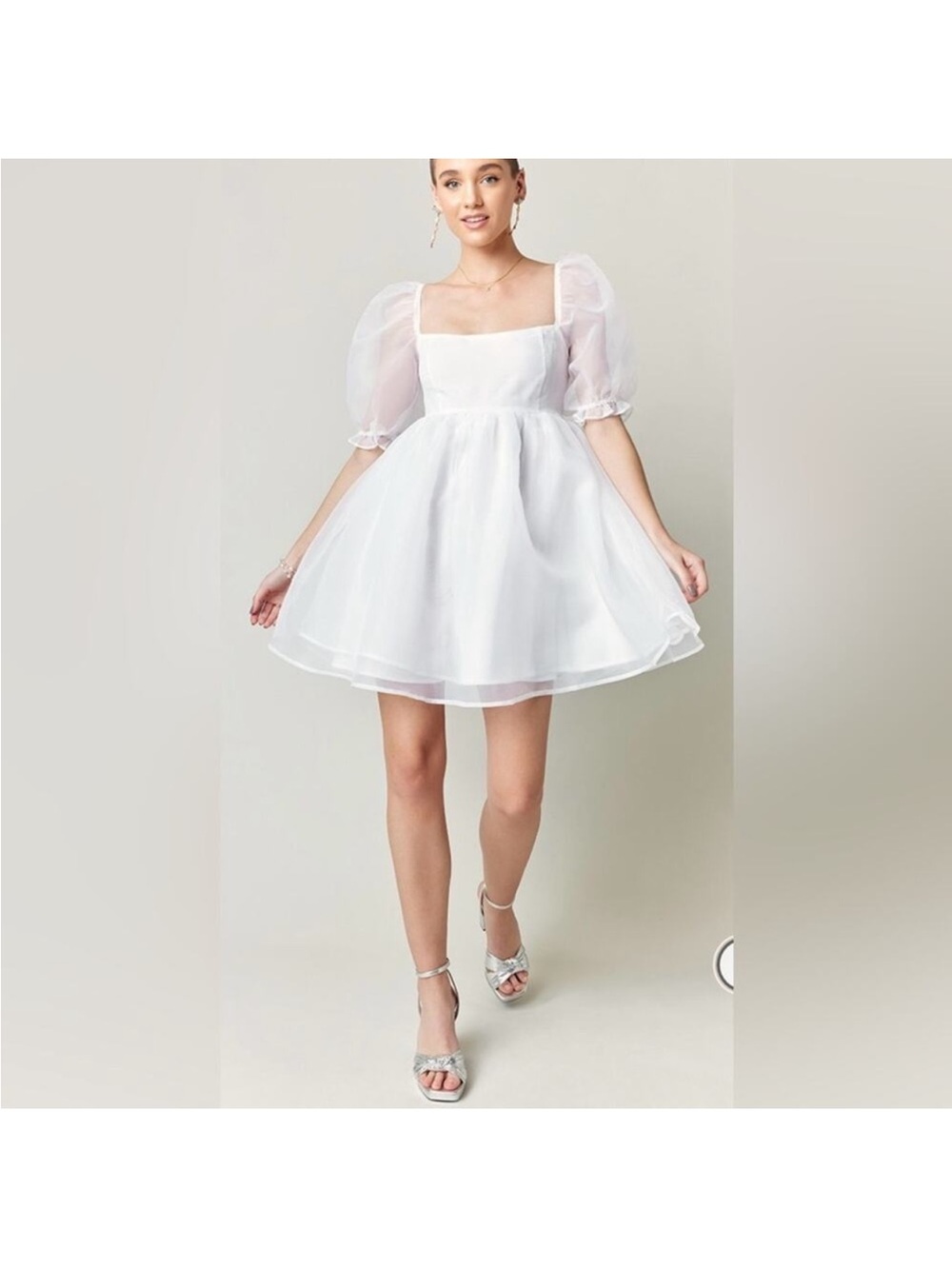 Francesca's Collections White Puff-Sleeve Square Neck Mini Dress